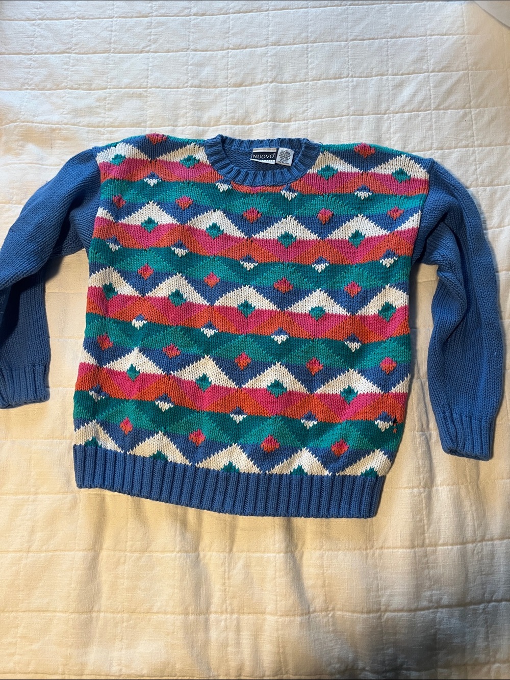 OVO Geometric Knit Crewneck in Blue, Teal & Pink